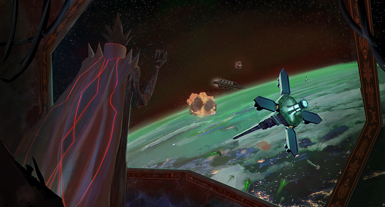 The Baron watches a battle unfold through his dreadnaught's viewport